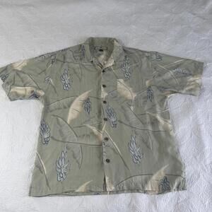 Tommy Bahama floral palm print 100% silk button down Hawaiian Shirt Green Sz L